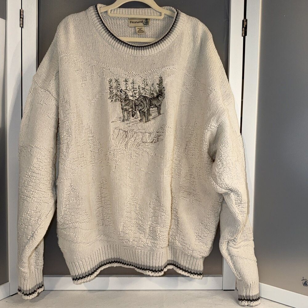 Vintage 90s Fieldmaster Wolf Knit Sweater Cream 2XL ECU Nature Wildlife Coogi